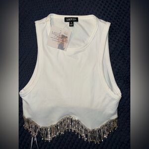 White Tank Top with Silver Fringe